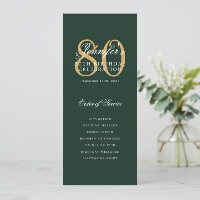 Elegant 80th Program Gold Green Menu+Thank You (Standing Front)