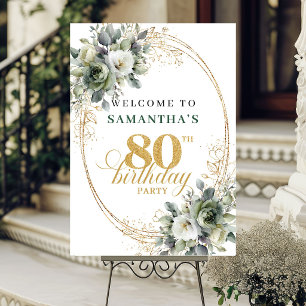 Elegant 80th Watercolor Greenery Welcome Poster