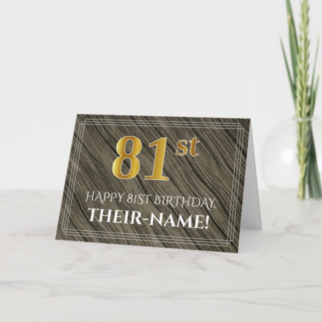 Elegant 81st Birthday: Faux Wood, Faux Gold Look Card (Front)