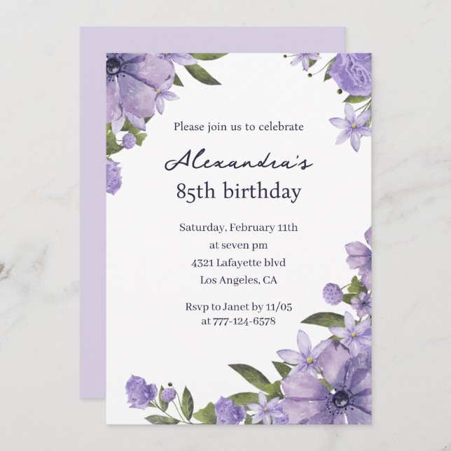 Elegant 85th birthday invitations Boho Floral (Front/Back)