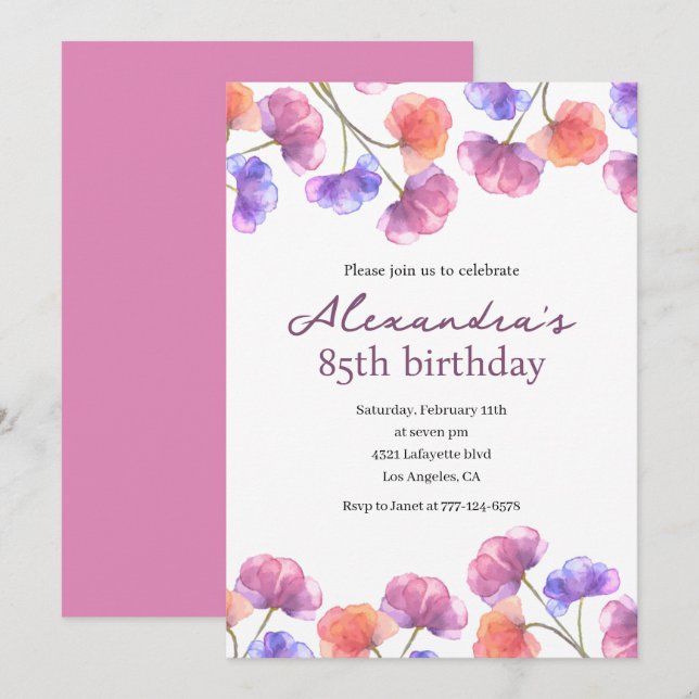 Elegant 85th birthday invitations Floral Chic (Front/Back)