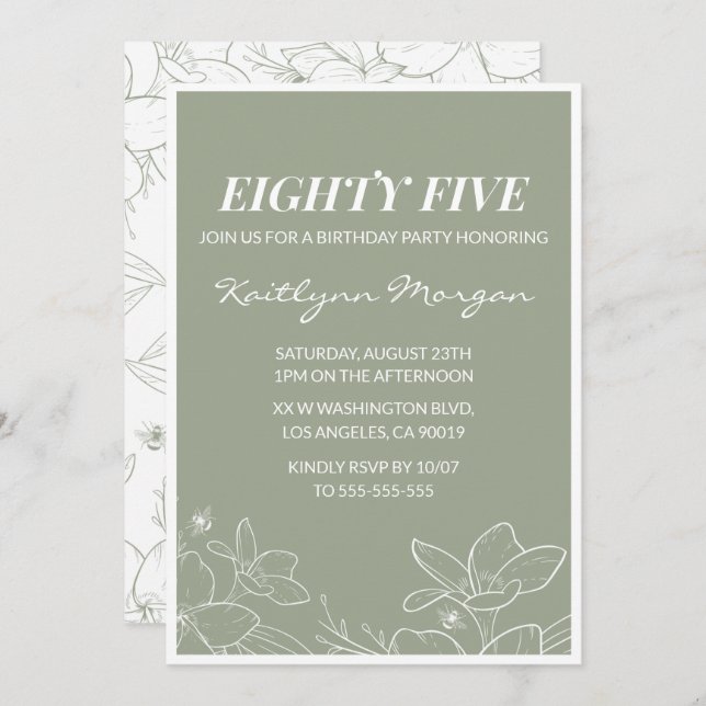 Elegant 85th birthday invitations Floral Green (Front/Back)