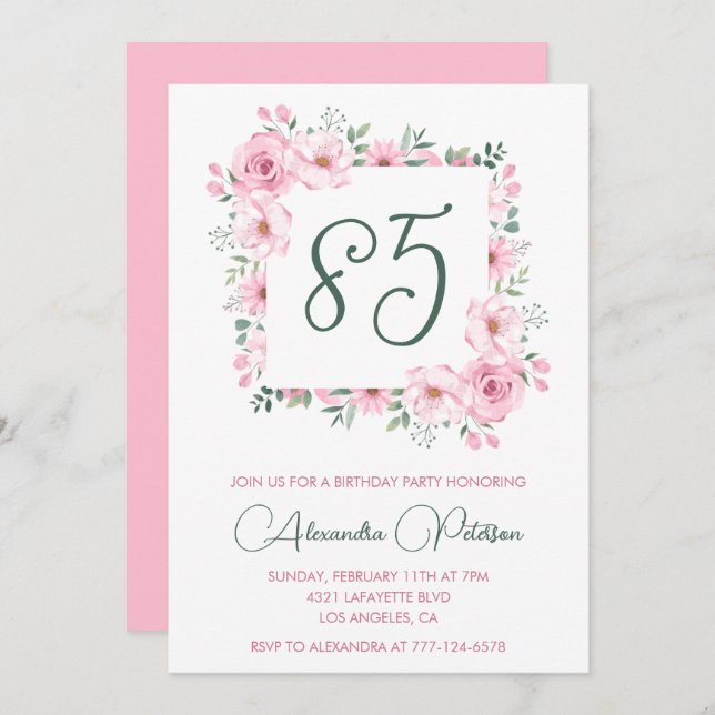 Elegant 85th birthday invitations Floral  Pink (Front/Back)