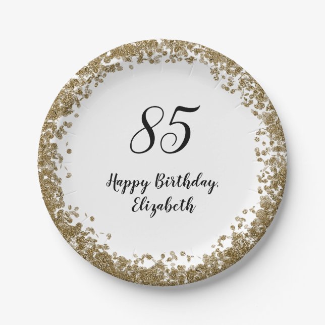 Elegant 85th Birthday Plates With Gold Sequins (Front)