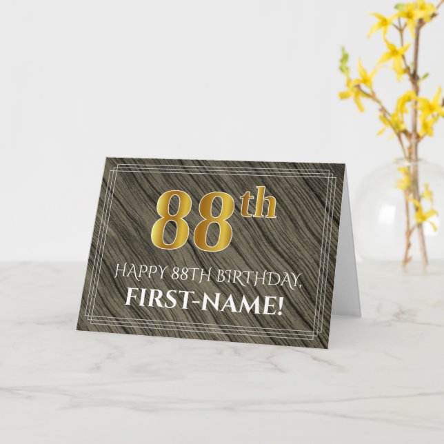 Elegant 88th Birthday: Faux Wood, Faux Gold Look Card (Yellow Flower)