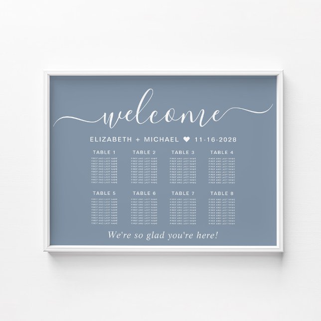 Elegant 8 Table Dusty Blue Wedding Seating Chart (Creator Uploaded)