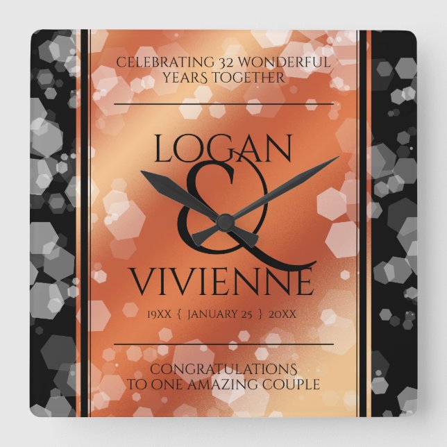 Elegant 8th 32nd Bronze Wedding Anniversary Square Wall Clock (Front)