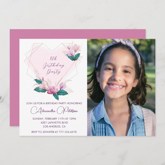 Elegant 8th birthday invitations Floral Photo (Front/Back)