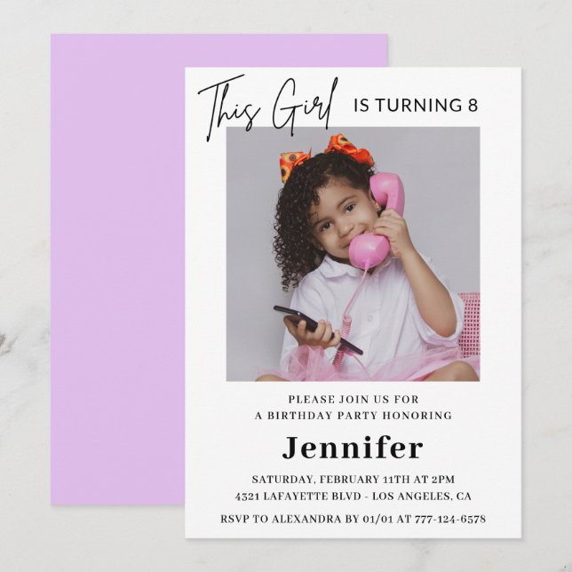 Elegant 8th birthday invitations Photo Girl Modern (Front/Back)