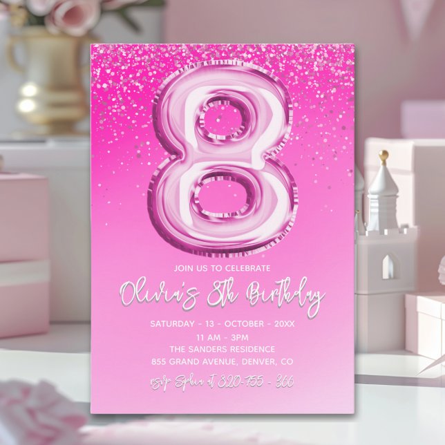 Elegant 8th Birthday Pink Number Balloon Invitation (Creator Uploaded)