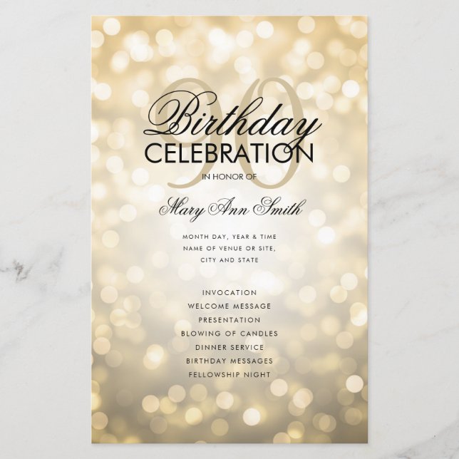 Elegant 90 Birthday Program Lights Gold Menu (Front)