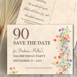 Elegant 90 Save The Date - Floral 90th Birthday Announcement Postcard