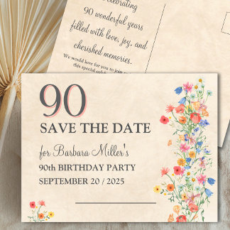 Elegant 90 Save The Date - Floral 90th Birthday Announcement Postcard