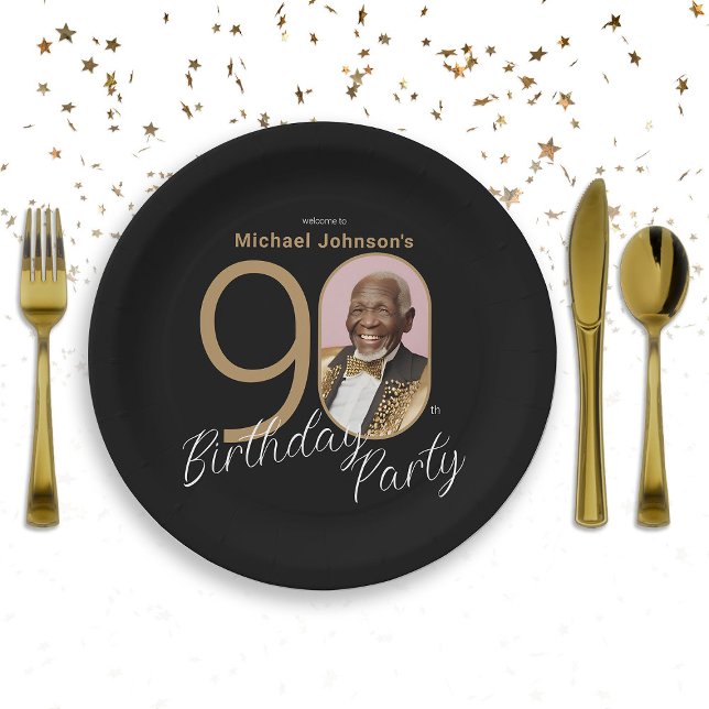 Elegant 90th Birthday Black Gold Custom Photo  Paper Plate (Elegant 90th Birthday Black Gold Custom Photo Paper Plates)