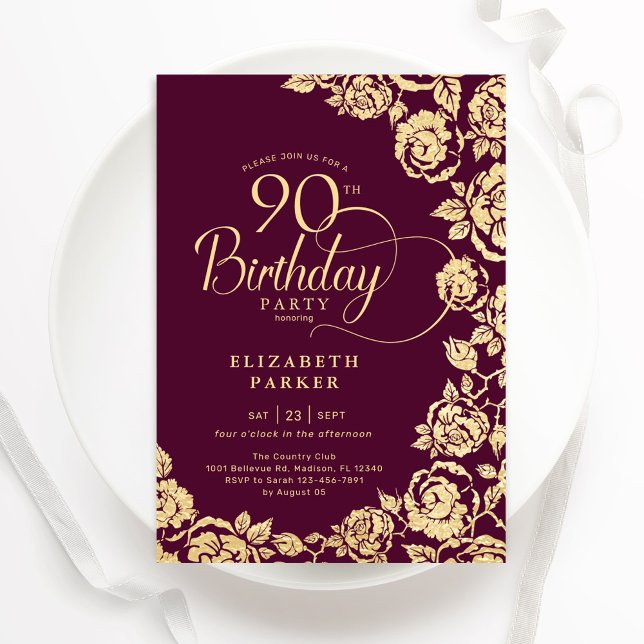 Elegant 90th Birthday Burgundy Gold Roses Invitation (Creator Uploaded)