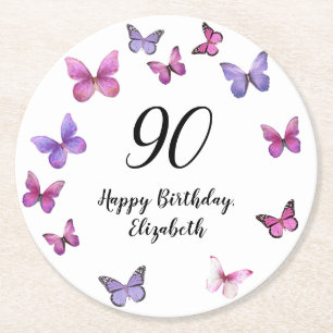 Elegant 90th Birthday Butterflies Custom Name Round Paper Coaster