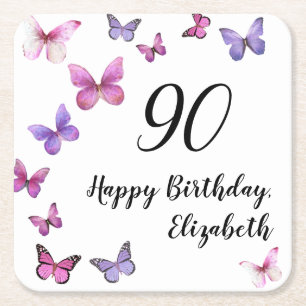 Elegant 90th Birthday Butterflies Custom Name Square Paper Coaster