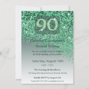 Elegant 90th Birthday Emerald Green Glitter Invitation