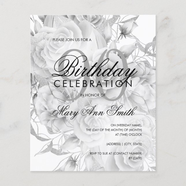 Elegant 90th Birthday Floral Silver White Invite (Front)