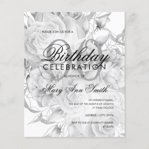 Elegant 90th Birthday Floral Silver White Invite