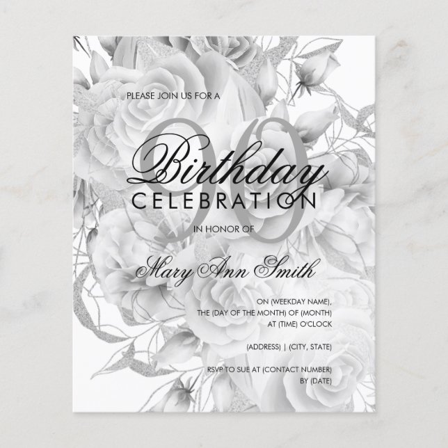 Elegant 90th Birthday Floral Silver White Invite  Flyer (Front)