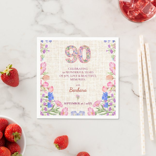 Elegant 90th Birthday for Her - Pink Flowers Napkin (Insitu)