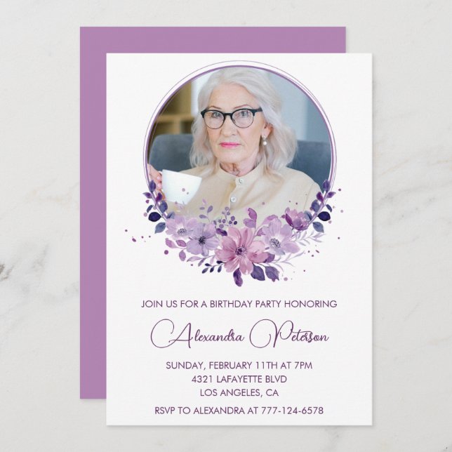 Elegant 90th birthday invitation Photo Floral Boho (Front/Back)