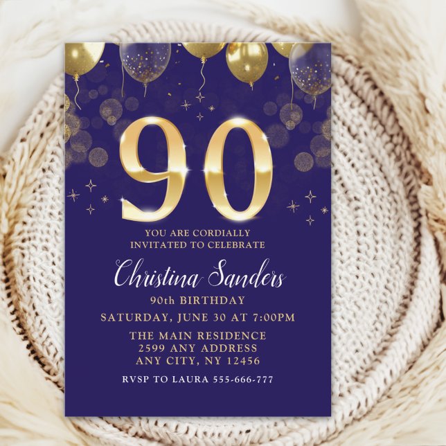 Elegant 90th Birthday Invitation with Gold Glitter (Creator Uploaded)