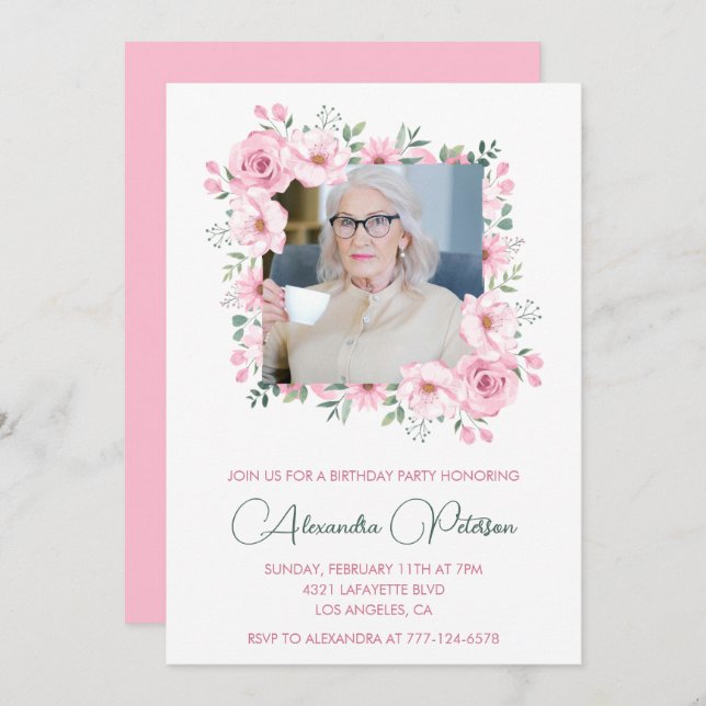 Elegant 90th birthday invitations Photo Boho  (Front/Back)