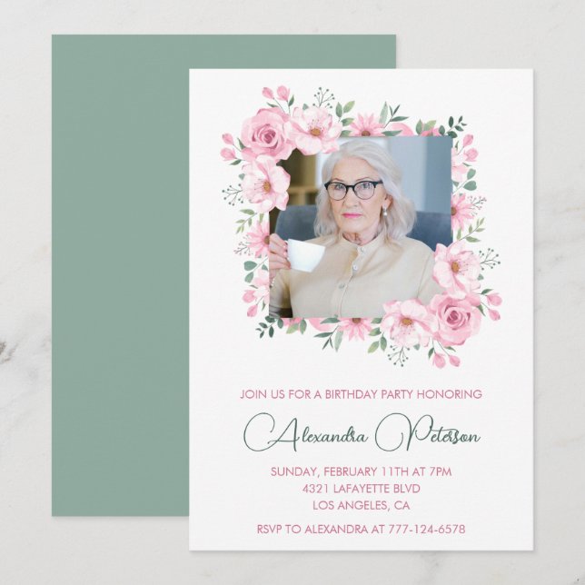 Elegant 90th birthday invitations Photo Boho (Front/Back)