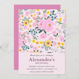 Elegant 90th birthday invitations Pink Floral Chic