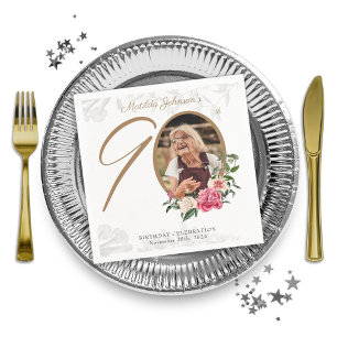 Elegant 90th Birthday Party Floral Botanical Photo Napkin