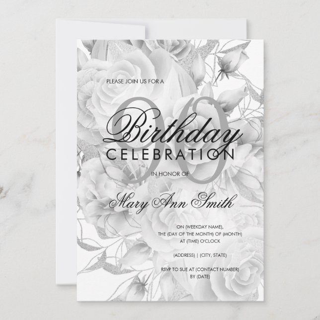 Elegant 90th Birthday Party Floral Silver White Invitation (Front)