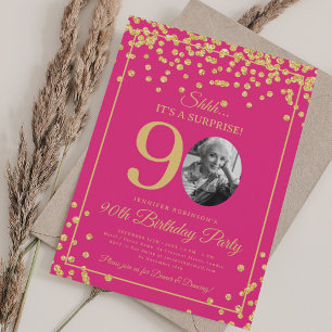 Elegant 90th Birthday Party Gold Confetti Hot Pink Invitation