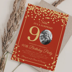 Elegant 90th Birthday Party Gold Confetti Red Invitation