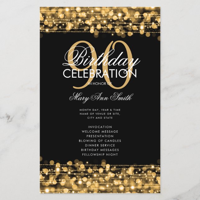 Elegant 90th Birthday Party Program Gold w/ Menu (Front)