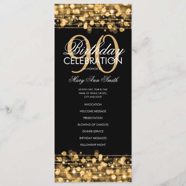 Elegant 90th Birthday Party Program Gold w/ Menu (Front)