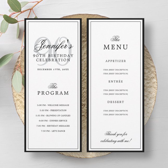 Elegant 90th Birthday Party Program + Menu  (Elegant 90th Birthday Party Program + Menu )
