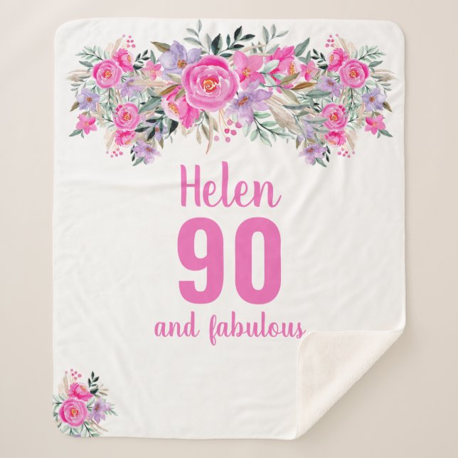 Elegant 90th birthday pink floral  sherpa blanket (Front)