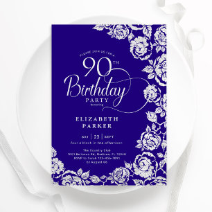 Elegant 90th Birthday Purple Silver Roses Invitation