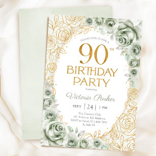 Elegant 90th Birthday Sage Green Gold Floral Invitation