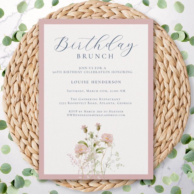 Elegant 90th Pink Calligraphy Wildflower Birthday Invitation (Creator Uploaded)