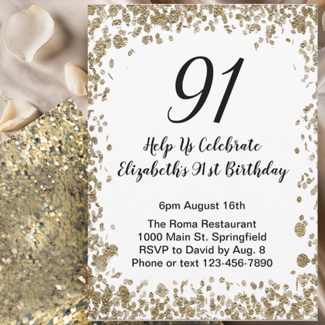 Elegant 91st Birthday Invitation Black and Gold  (Creator Uploaded)