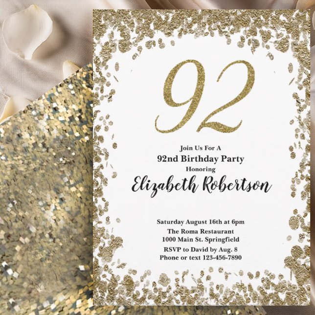 Elegant 92nd Birthday Invitation For Her in Gold (Creator Uploaded)