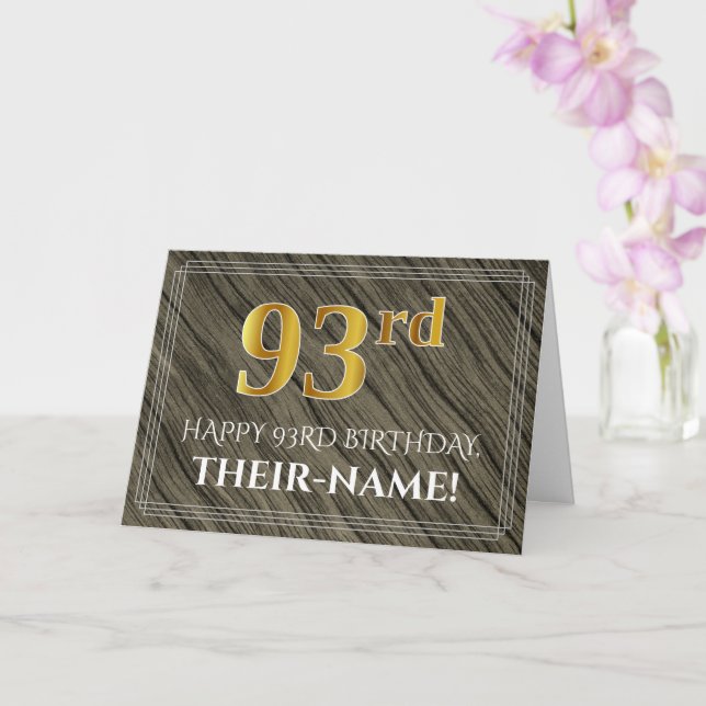 Elegant 93rd Birthday: Faux Wood, Faux Gold Look Card (Orchid)