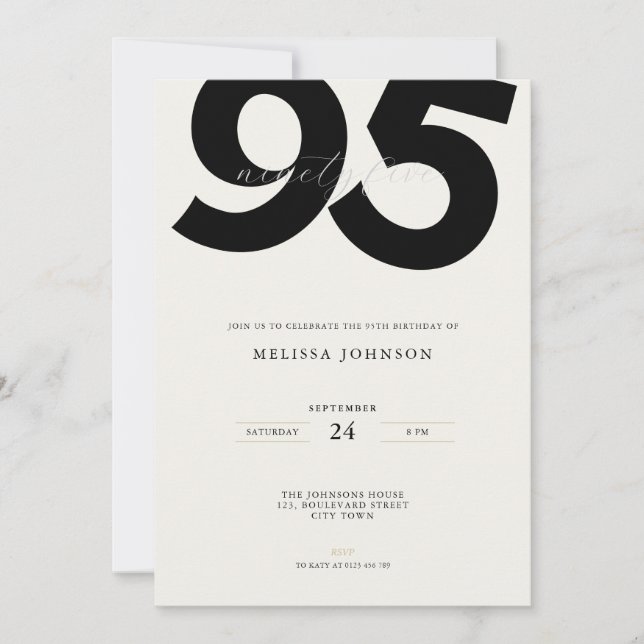 Elegant 95th Birthday Invitation - Minimal Style (Front)