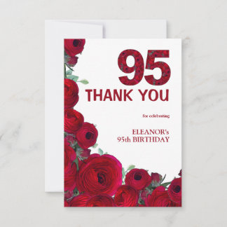 Elegant 95th Birthday Red Floral Number 95 Years Thank You Card