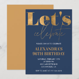 Elegant 96th birthday invitations Navy Blue Gold 