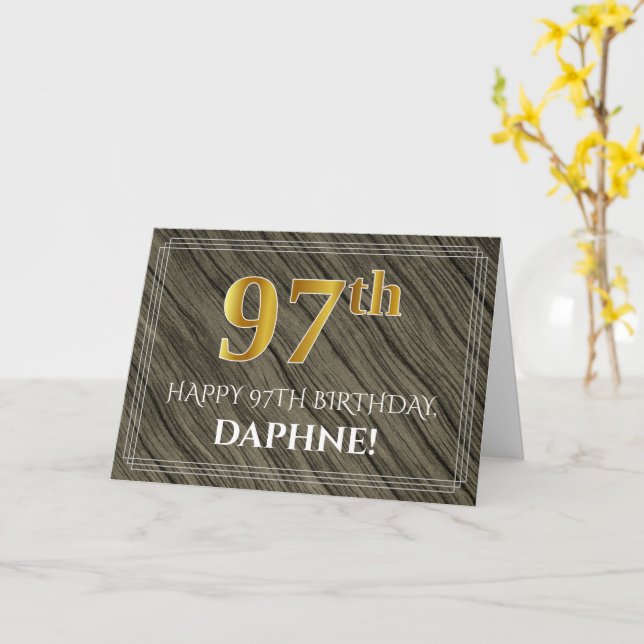Elegant 97th Birthday: Faux Wood, Faux Gold Look Card (Yellow Flower)