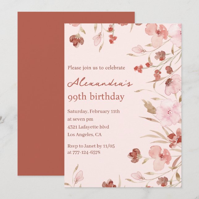 Elegant 99th birthday invitations Floral Chic (Front/Back)
